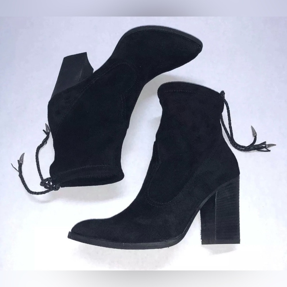 DOLCE VITA Casee Classic Black Suede Stretch Braided Tie Block Heeled Booties